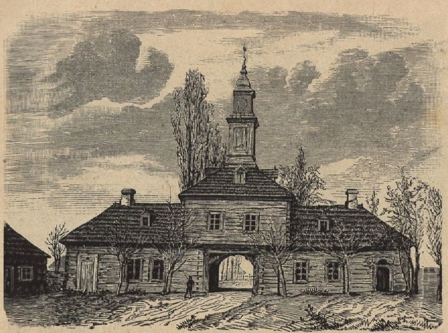 Historyczna rycina bramy dworu w Paplinie